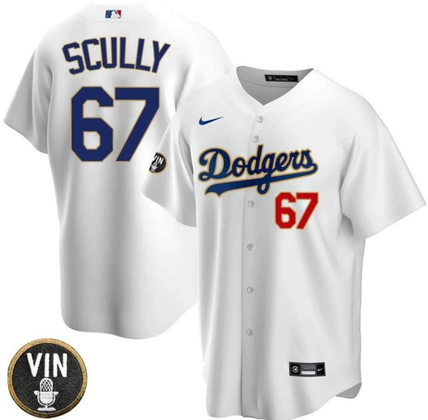 Men's Los Angeles Dodgers #67 Vin Scully 2022 White Vin Scully Patch Cool Base Stitched Baseball Jersey